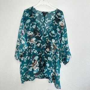 Citron Santa Monica Top Womens 3X Teal Silk Blend Floral Lagenlook Luxury